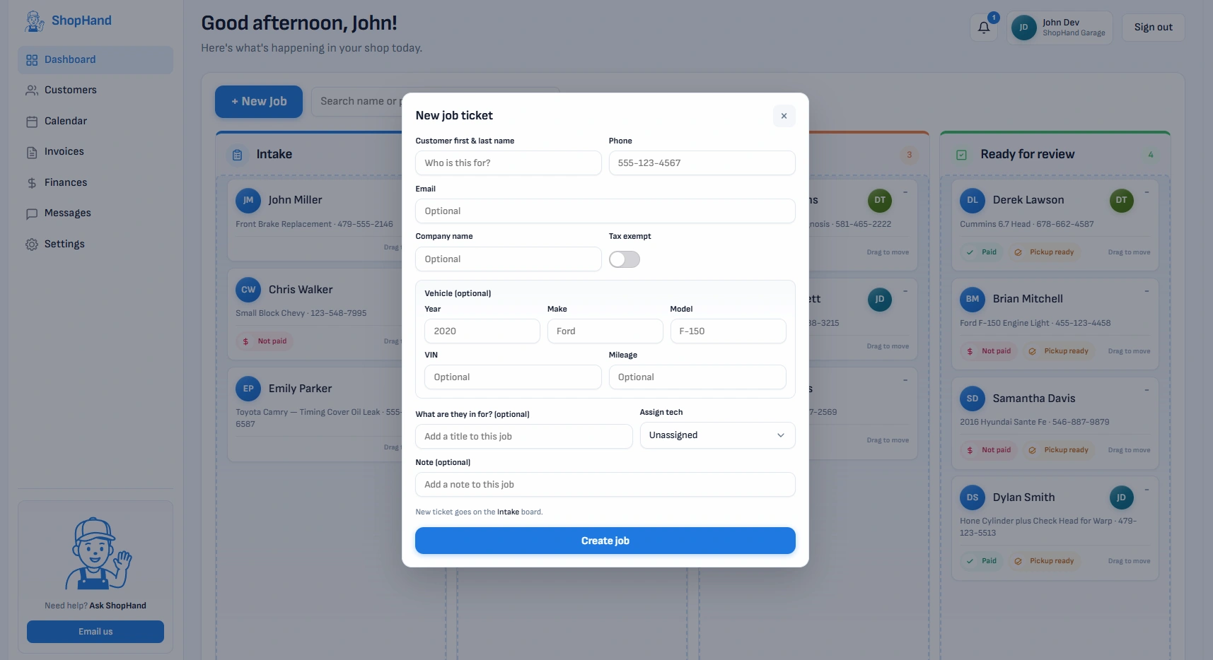 ShopHand — create a new job ticket