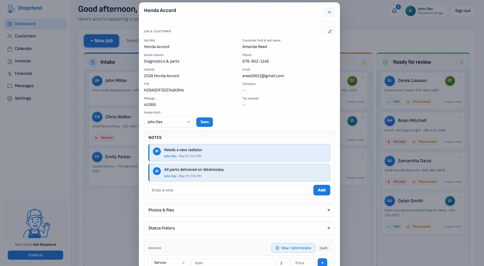 ShopHand — customer information