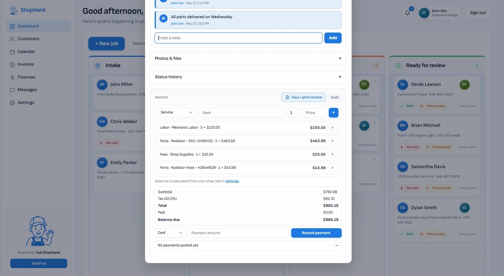 ShopHand — invoice creation