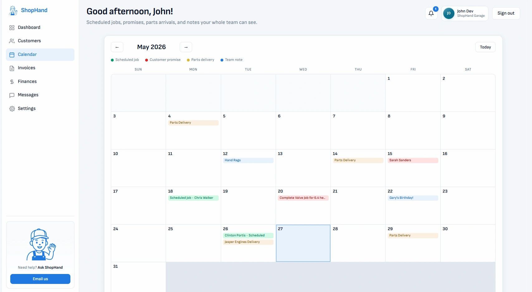 ShopHand — job calendar and scheduling